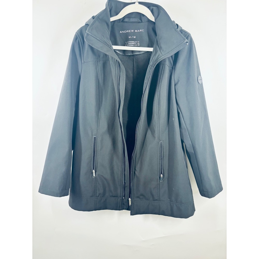 Andrew Marc Mens Black Softshell Water Repellent Detachable Hood Jacket Size M